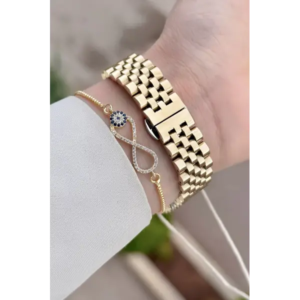 Kadranı Yeşil Kordonu Gold Renk 34 Mm Kadın Kol Saati ve Bileklik