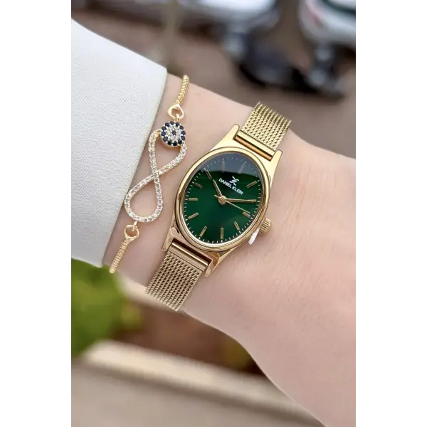 Kadranı Yeşil Kordonu Gold Renk Hediye Paketli 21 Mm Kadın Kol Saati