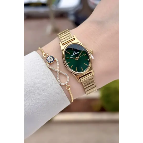 Kadranı Yeşil Kordonu Gold Renk Hediye Paketli 21 Mm Kadın Kol Saati