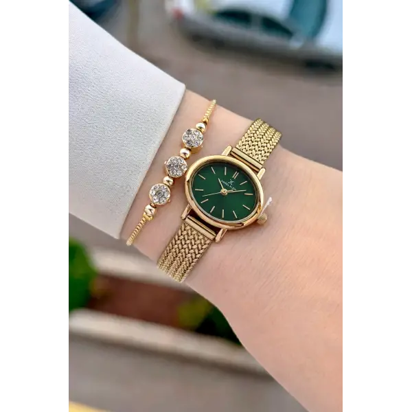 Kadranı Yeşil Kordonu Gold Renk Hediye Paketli 24 Mm Kadın Kol Saati