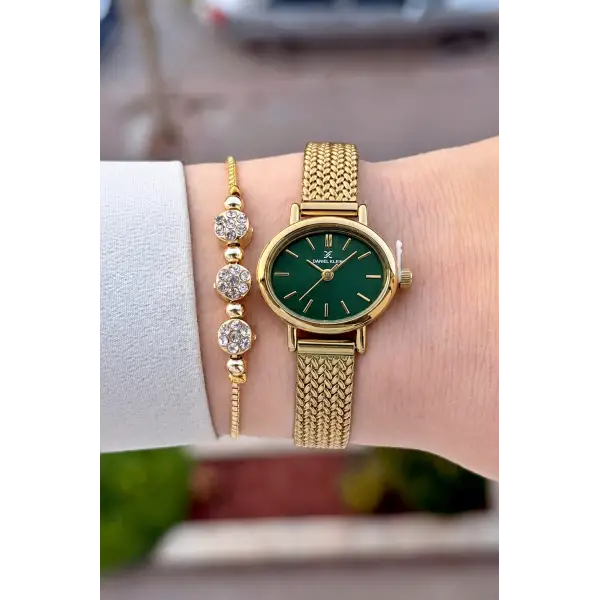 Kadranı Yeşil Kordonu Gold Renk Hediye Paketli 24 Mm Kadın Kol Saati