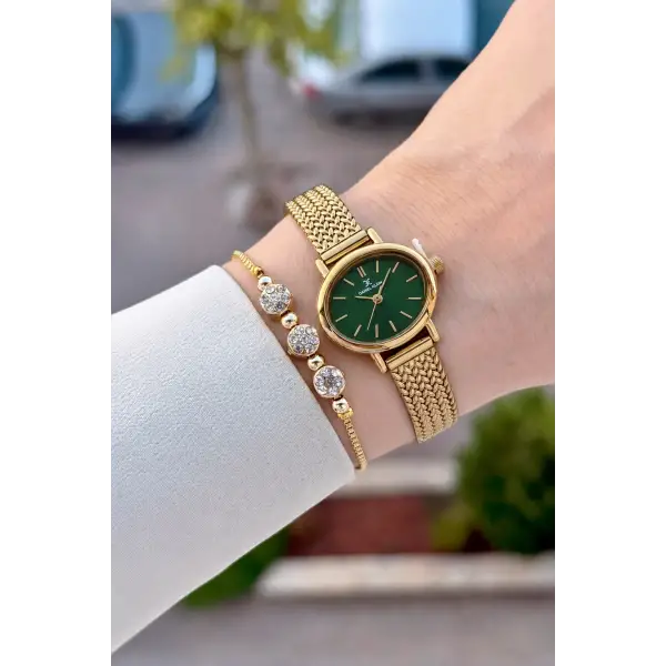 Kadranı Yeşil Kordonu Gold Renk Hediye Paketli 24 Mm Kadın Kol Saati