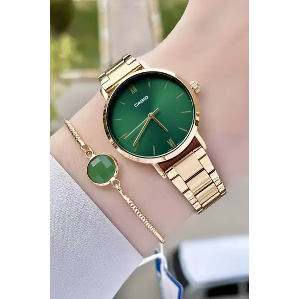 Casio CSISTE47 Kadranı Yeşil Kordonu Gold Renk Hediye Paketli Kadın Kol Saati