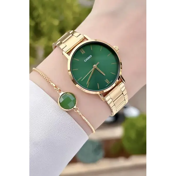 Casio CSISTE47 Kadranı Yeşil Kordonu Gold Renk Hediye Paketli Kadın Kol Saati