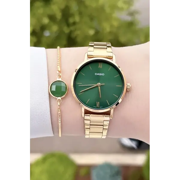 Casio CSISTE47 Kadranı Yeşil Kordonu Gold Renk Hediye Paketli Kadın Kol Saati