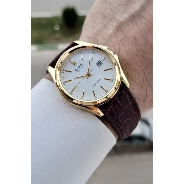 Casio CSISTE209 Casio Kasası Gold Kadranı Beyaz Kordonu Kahverengi Renk Hediye Paketli Erkek Kol Saati