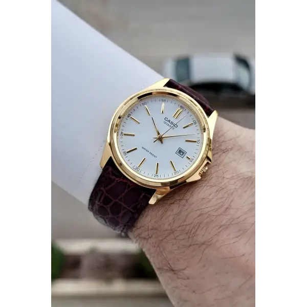 Casio CSISTE209 Casio Kasası Gold Kadranı Beyaz Kordonu Kahverengi Renk Hediye Paketli Erkek Kol Saati