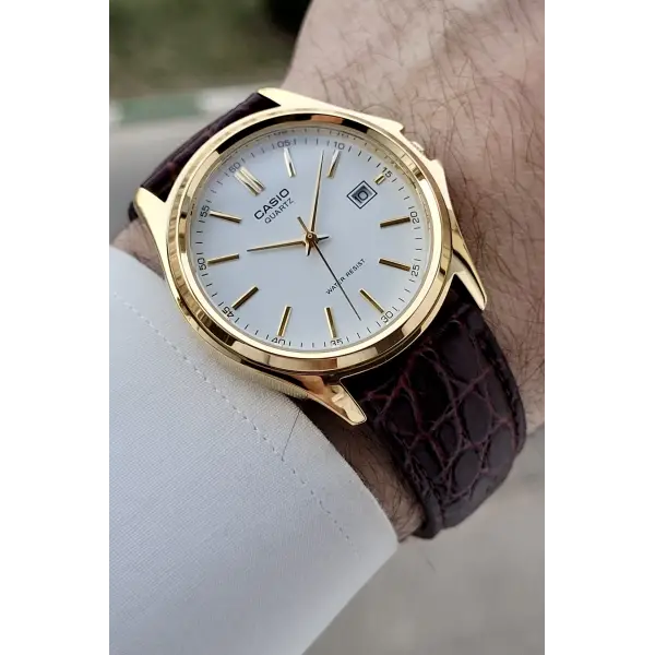 Casio CSISTE209 Casio Kasası Gold Kadranı Beyaz Kordonu Kahverengi Renk Hediye Paketli Erkek Kol Saati