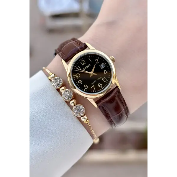 Casio CSISTE214 Casio Kasası Gold Kordonu Kahverengi Renk Takvimli Hediye Paketli Kadın Kol Saati