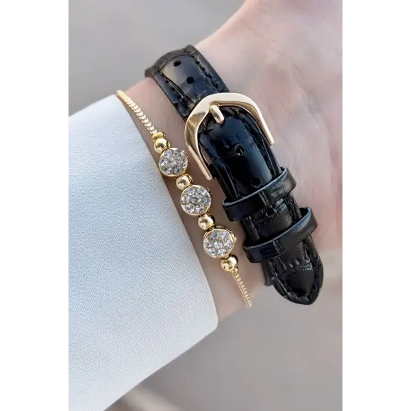 Casio CSISTE215 Casio Kasası Gold Kordonu Siyah Renk Takvimli Hediye Paketli Kadın Kol Saati