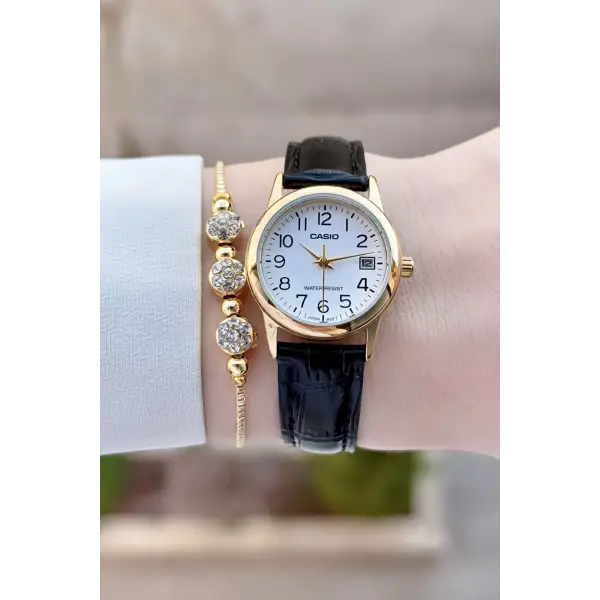 Casio CSISTE215 Casio Kasası Gold Kordonu Siyah Renk Takvimli Hediye Paketli Kadın Kol Saati