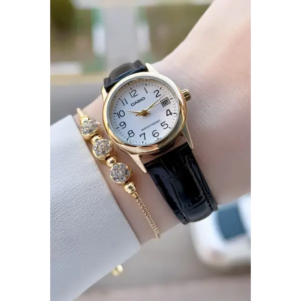 Casio CSISTE215 Casio Kasası Gold Kordonu Siyah Renk Takvimli Hediye Paketli Kadın Kol Saati