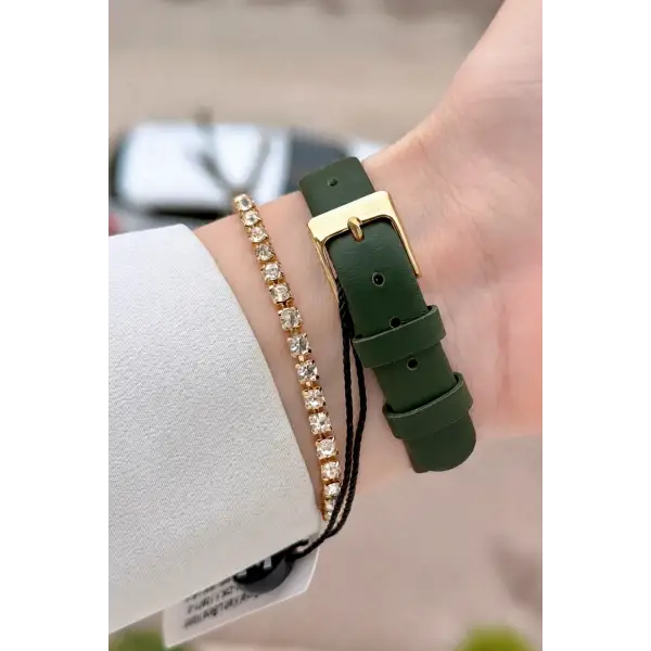 Kasası Gold Kordonu Yeşil Renk Kadın Kol Saati ve Bileklik