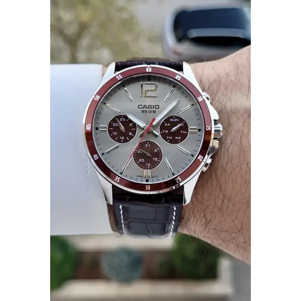 Casio CSISTE185 Kasası Gümüş Kordonu Kahverengi Renk Göstergeli Fonksiyonel Erkek Kol Saati
