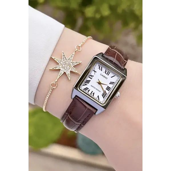 Casio CSISTE42 Kasası Gümüş Kordonu Kahverengi Renk Hediye Paketli Kadın Kol Saati