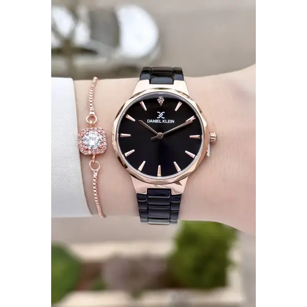 Kasası Rose Kordonu Siyah Renk Kadın Kol Saati Ve Bileklik