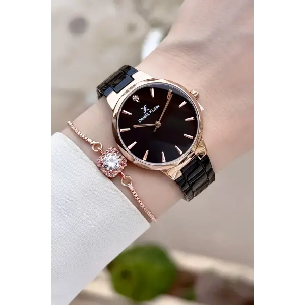 Kasası Rose Kordonu Siyah Renk Kadın Kol Saati Ve Bileklik