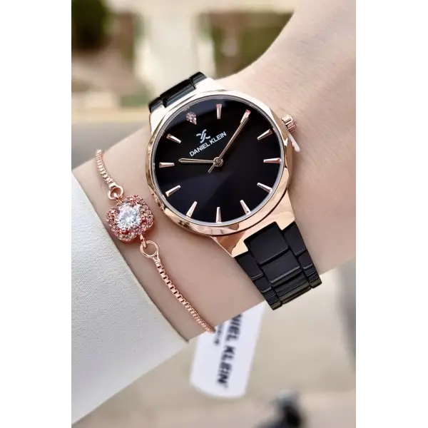 Kasası Rose Kordonu Siyah Renk Kadın Kol Saati Ve Bileklik