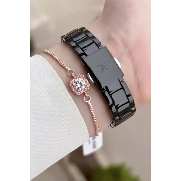 Kasası Rose Kordonu Siyah Renk Kadın Kol Saati Ve Bileklik