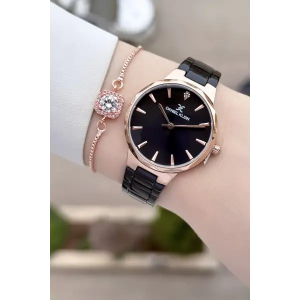 Kasası Rose Kordonu Siyah Renk Kadın Kol Saati Ve Bileklik
