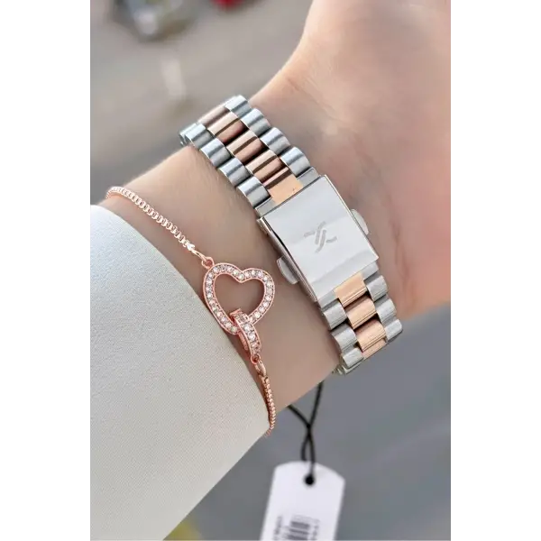 Rose Gümüş Renk Hediye Paketli Kadın Kol Saati ve Hediye Bileklik