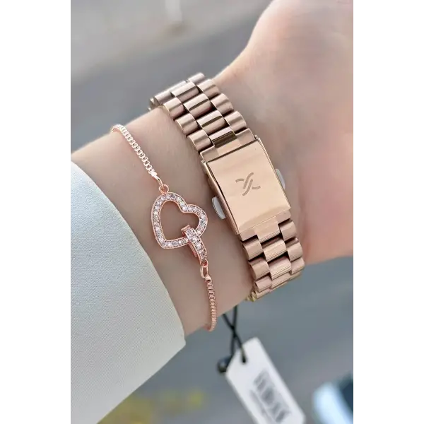 Rose Renk Hediye Paketli Kadın Kol Saati ve Hediye Bileklik