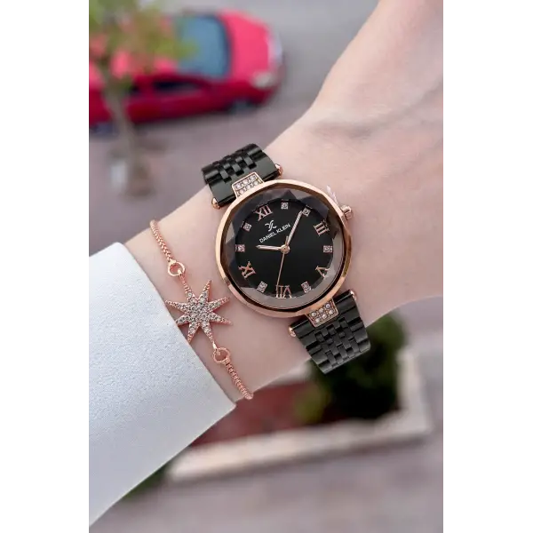 Rose Siyah Renk Kesme Camlı Kadın Kol Saati