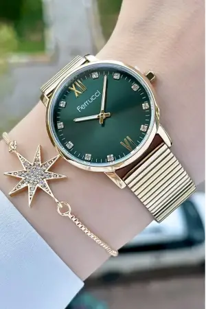 Ferrucci FCISTE245 Kadranı Yeşil Kordonu Gold Renk ve Bileklik