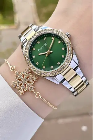 Ferrucci FCISTE246 Kadranı Yeşil Kordonu Gold Gümüş Renk ve Bileklik