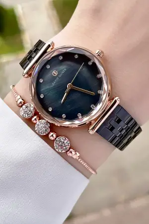 David Guner DGISTE84 Kadranı Sedefli Kordonu Siyah Renk Kadın Kol Saati ve Bileklik