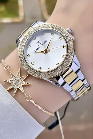 Daniel Klein DKISTE932 Premium Gold Gümüş Renk Taşlı Kadın Kol Saati ve Bileklik