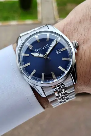 Ferrucci FCISTE250 Kadranı Lacivert Kordonu Gümüş Renk Takvimli Erkek Kol Saati