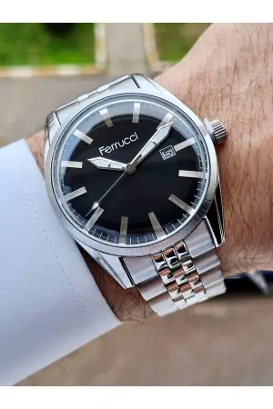 Ferrucci FCISTE251 Kadranı Siyah Kordonu Gümüş Renk Takvimli Erkek Kol Saati