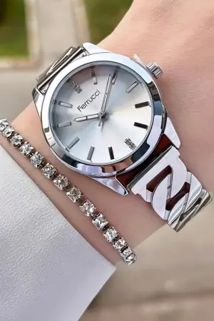 Ferrucci FCISTE255 Gümüş Renk Hediye Paketli Kadın Kol Saati ve Bileklik