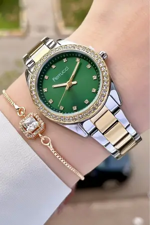 Ferrucci FC1ISTE246 Kadranı Yeşil Kordonu Gold Gümüş Renk Hediye Paketli Kadın Kol Saati ve Bileklik