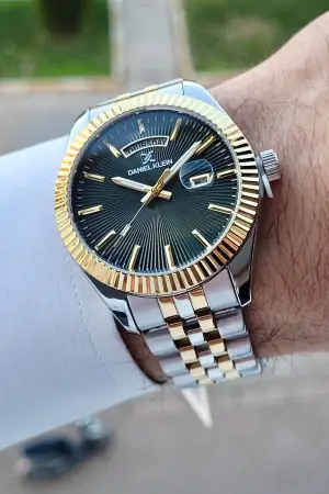 Daniel Klein DKISTE1012 Kadranı Yeşil Kordonu Gold Gümüş Renk Hediye Paketli Takvim ve Günlü Erkek Kol Saati