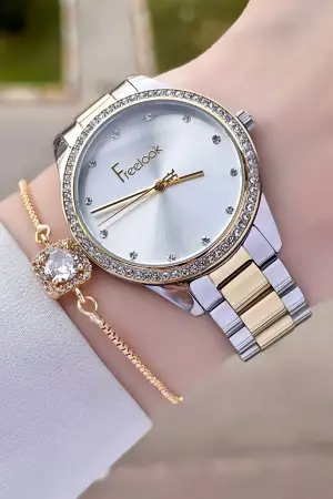 Freelook FLISTE28 Gold Gümüş Renk Hediye Paketli 5 ATM Kadın Kol Saati ve Bileklik