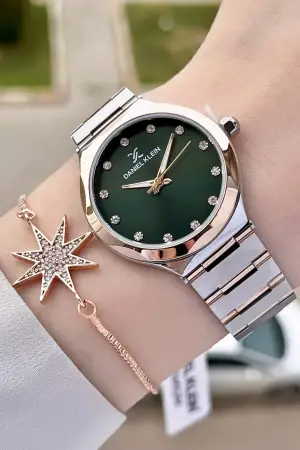 Daniel Klein DKISTE1040Kadranı Yeşil Rose Gümüş Renk Hediye Paketli Kadın Kol Saati ve Bileklik