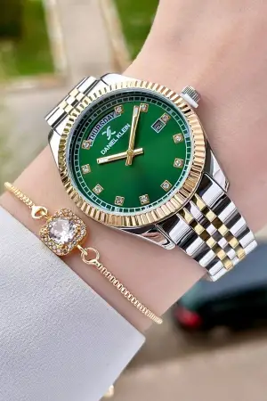 Daniel Klein DKISTE1085 Kadranı Yeşil Gold Gümüş Renk Hediye Paketli Takvimli Kadın Kol Saati ve Bileklik