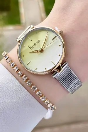 Freelook FLISTE33 Gold Gümüş Renk Hediye Paketli 5 ATM Kadın Kol Saati ve Bileklik
