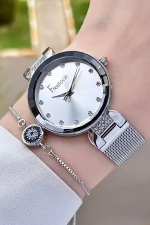 Freelook FLISTE34 Gümüş Renk Hediye Paketli 5 ATM Kadın Kol Saati ve Bileklik