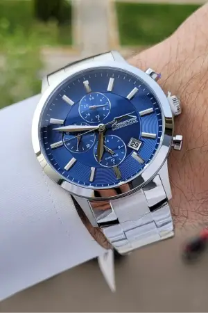 Slazenger SLISTE9 Kadranı Lacivert Kordonu Gümüş Renk Göstergeleri Aktif Hediye Paketli Erkek Kol Saati
