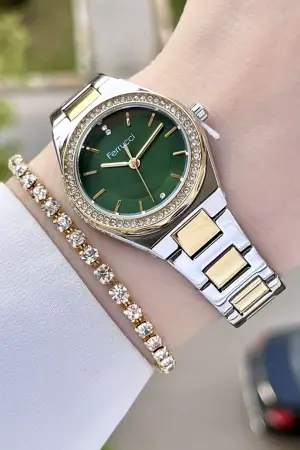 Ferrucci FCISTE290 Kadranı Yeşil Gold Gümüş Renk Hediye Paketli Kadın Kol Saati ve Bileklik