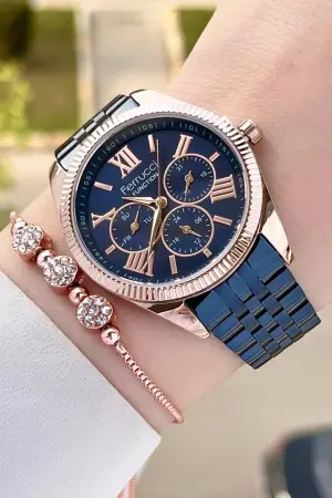 Ferrucci FCISTE284 Kasası Rose Kordonu Lacivert Renk Hediye Paketli Kadın Kol Saati ve Bileklik
