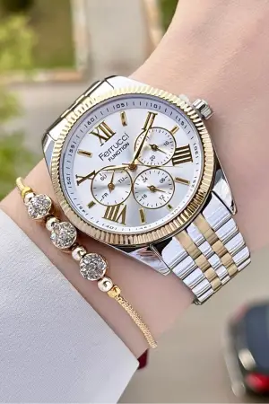 Ferrucci FCISTE282 Gold Gümüş Renk Hediye Paketli İç Göstergeleri Aktif Kadın Kol Saati ve Bileklik