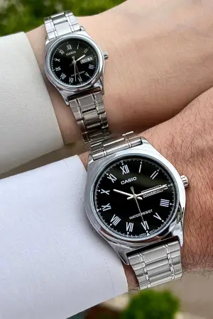Casio CSISTE32 Kadranı Siyah Kordonu Gümüş Renk Hediye Paketli Sevgili Çift İki Kol Saati