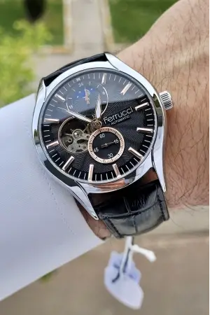 Ferrucci FCISTE279 Kasası Gümüş Kordonu Siyah Renk Hediye Paketli Otomatik Erkek Kol Saati