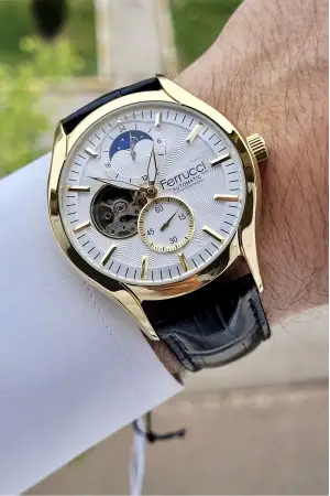 Ferrucci FCISTE280 Kasası Gold Kordonu Siyah Renk Hediye Paketli Otomatik Erkek Kol Saati