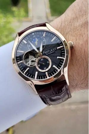Ferrucci FCISTE281 Kasası Rose Kordonu Kahverengi Renk Hediye Paketli Otomatik Erkek Kol Saati