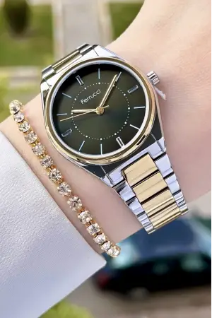 Ferrucci FCISTE285 Kadranı Yeşil Kordonu Gold Gümüş Renk Hediye Paketli Kadın Kol Saati ve Bileklik